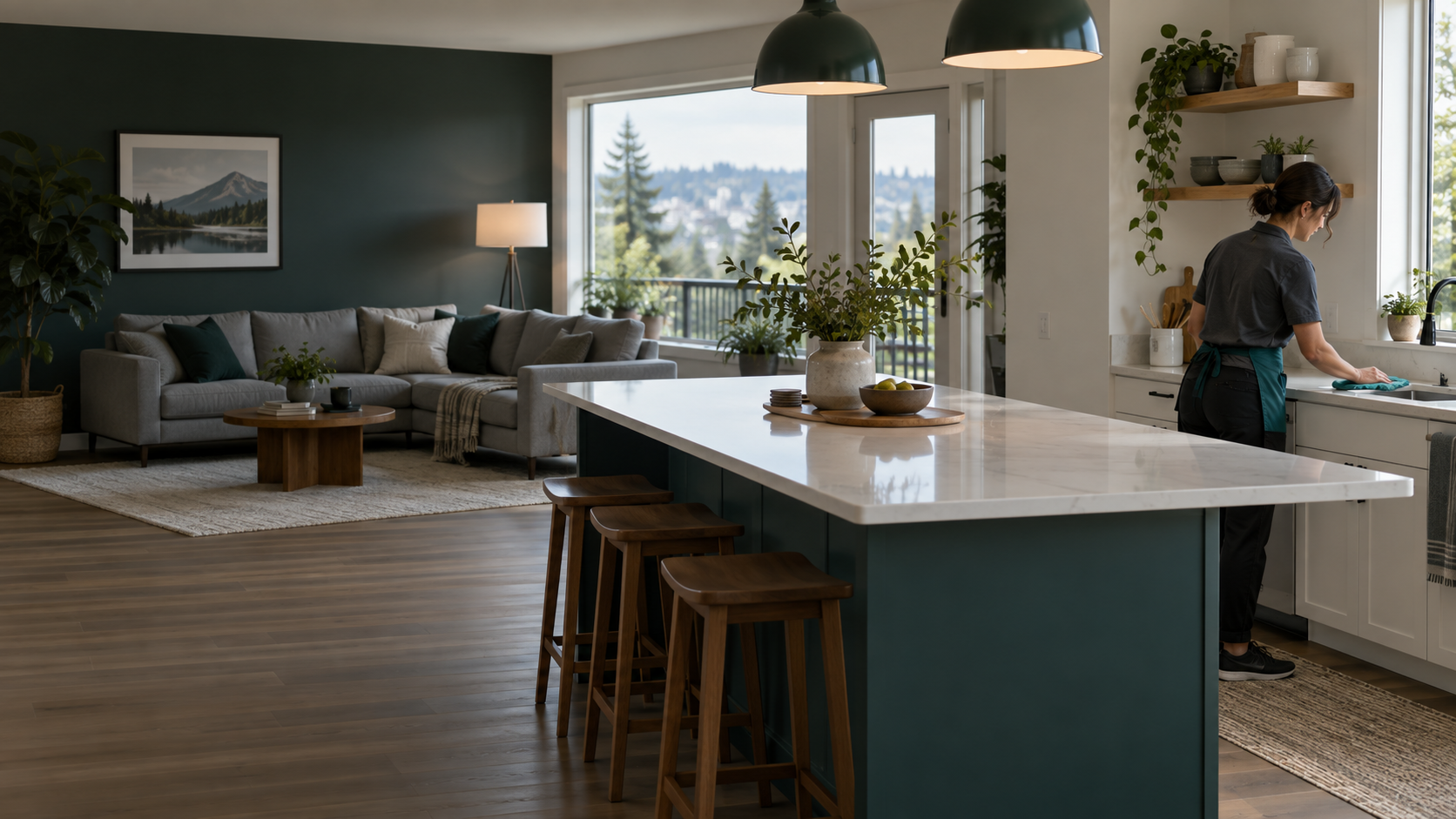 A professional cleaner working in a bright contemporary kitchen